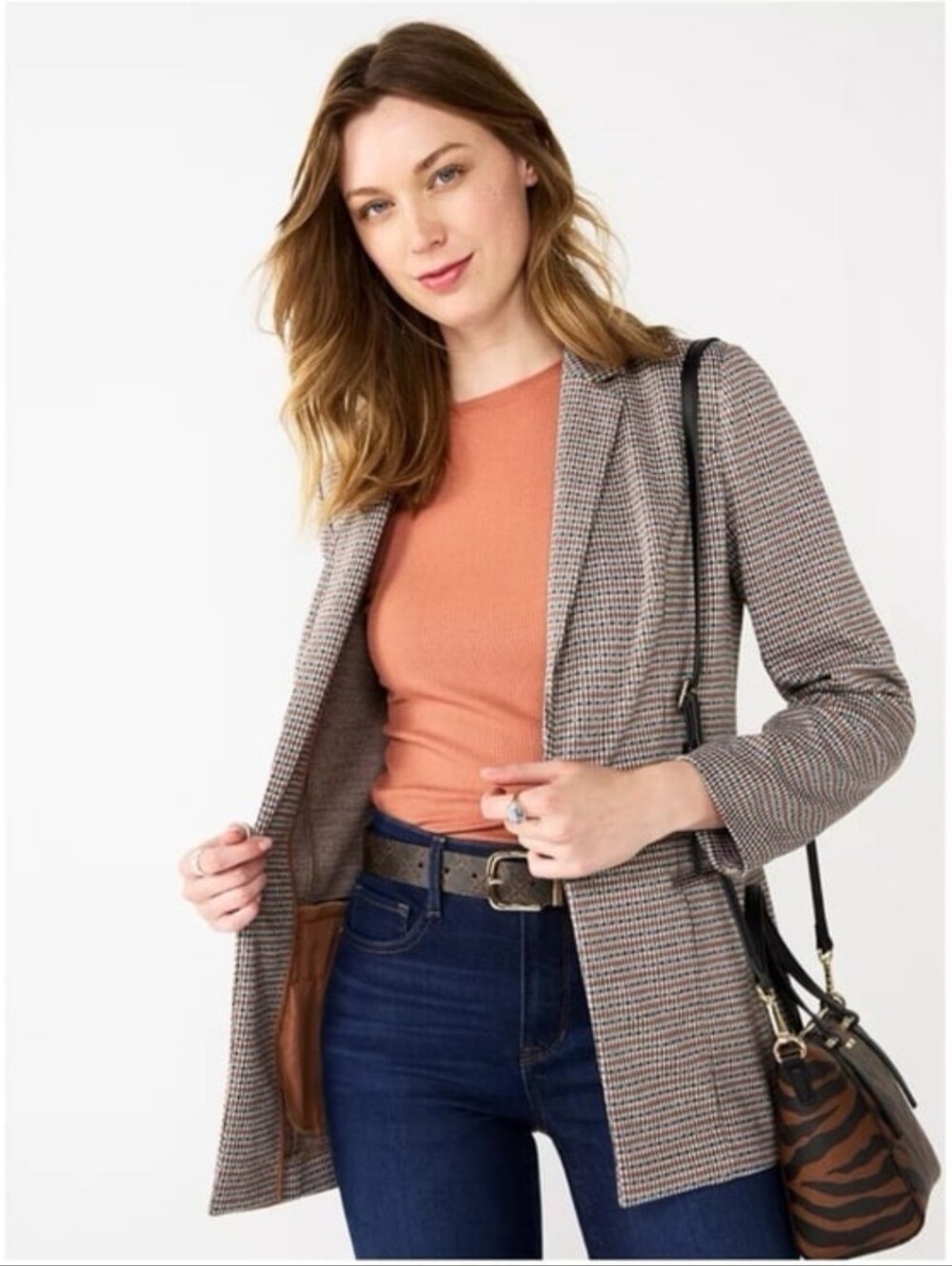 Nine West Plaid Petite Blazer in Brown, Black & Cream